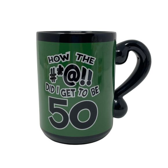 "How Did I Get To Be 50" Black Green Ceramic Coffee Mug 50th Birthday Mug GUC - Picture 2 of 5